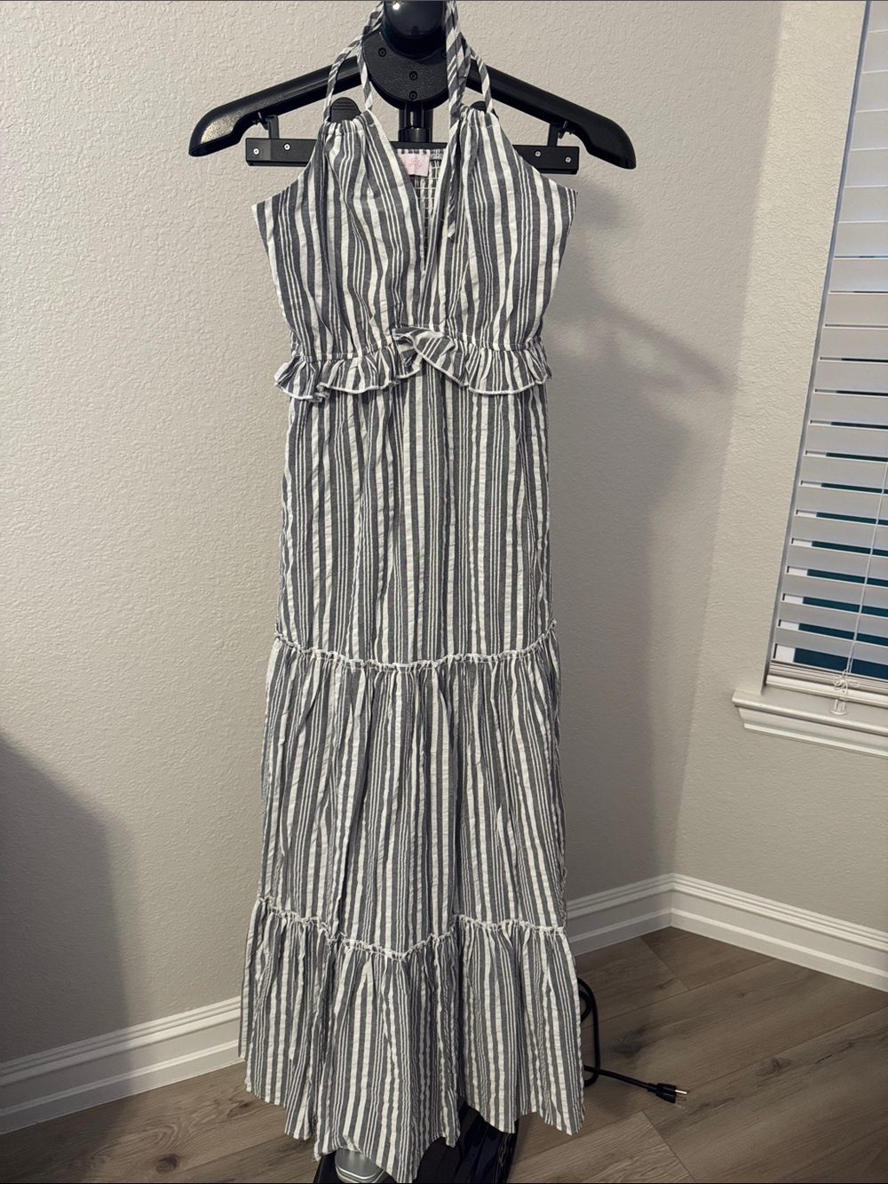 Pink Lily Striped Halter Tiered Maxi Dress - Black & White
